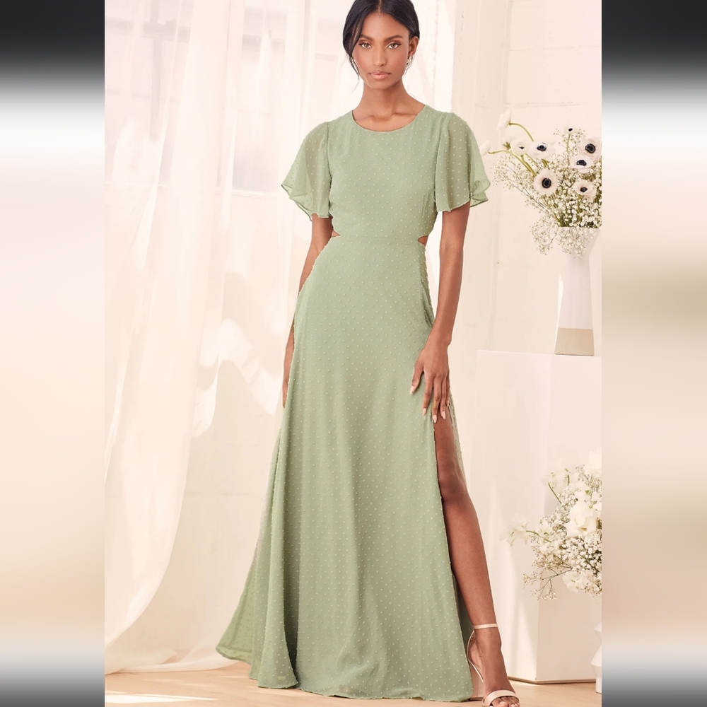 Lulu's Deep In My Heart Sage Swiss Dot Cutout Maxi Dress